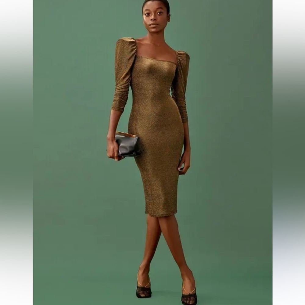 Reformation 'Rahm' Ruched Puff Sleeve Dress in Bronze Sparkle